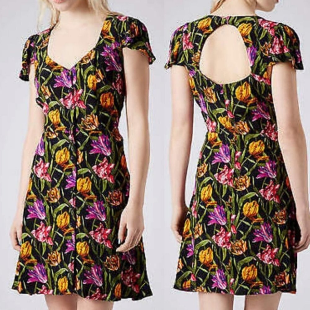 Topshop Tulip Print Tea Dress Open Back Mini Size 4 Floral Flutter Sleeve‎ Boho
